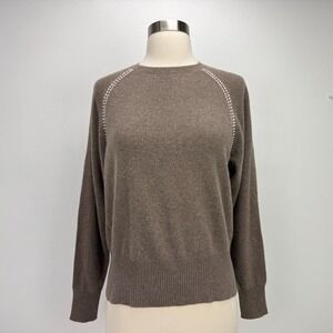 El Daws Womens 100% Cashmere Brown Crewneck Sweater Sz S Pink Trim Quiet Luxury